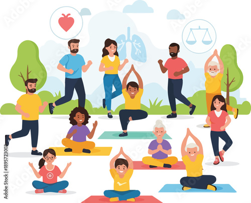 A diverse group of people practicing yoga in a serene outdoor setting with icons representing health and wellness. Perfect for World Health Day, wellness campaigns, and educational