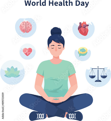 A woman meditates in lotus position surrounded by health and wellness icons on World Health Day. Perfect for health campaigns, wellness promotions, and educational materials.