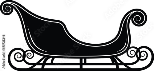 Black Christmas sleigh silhouette isolated on white background for winter holiday decorative design Santa Claus sledge icon traditional seasonal celebration vector graphic element