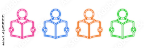 Neon glowing people reading vector icons set, education, learning, knowledge, study, literacy, glowing, vibrant colorful digital design illustration.