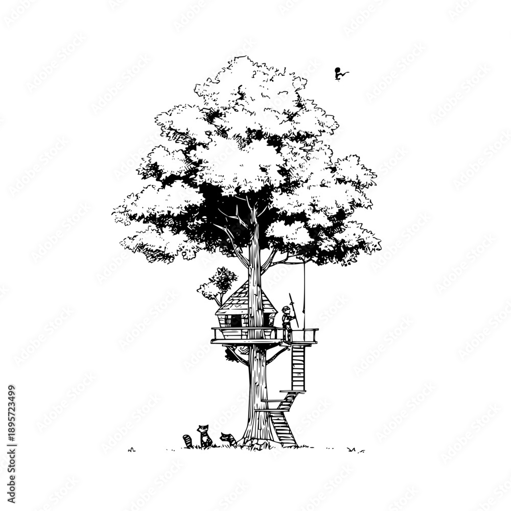 Fototapeta premium Treehouse with Kids Playing on Staircase and Birds Flying Nearby