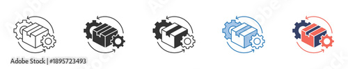 Illustrative icon collection depicting streamlined data processing, continuous system updates, and workflow optimization through a package and gear symbol