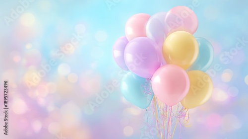 A colorful bunch of balloons against a pastel background.