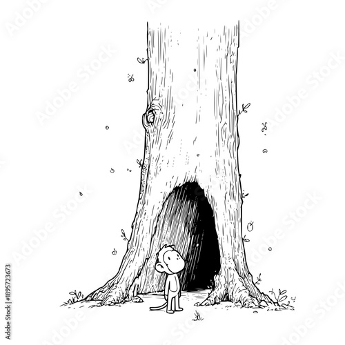Sad Child Standing Next to Tree with Cave Entrance