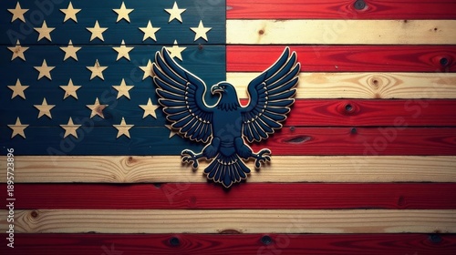 A majestic eagle emblem, displayed proudly against a rustic wooden backdrop, showcasing a vibrant rendition of the national flag's iconic colors and star pattern.