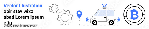 Cryptocurrency, blockchain, autonomous delivery, fintech solutions, GPS technology, logistics innovation. A self-driving vehicle sends signals, with gears GPS pin and Bitcoin symbol. Blockchain