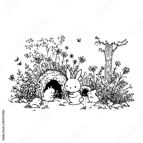 Rabbit and Friends in Garden with Burrow