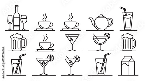 A clean minimalist line art collection of refreshing and hot beverages, ideal for menu design, cafe branding, or drink-related applications in sleek vector style