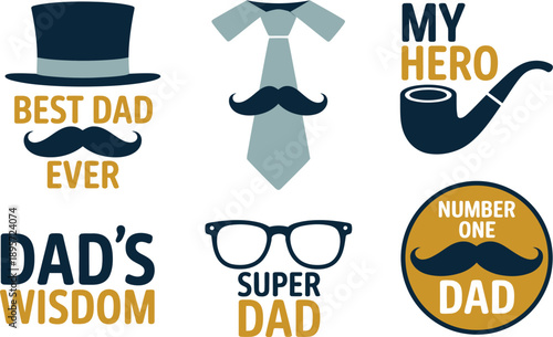Fathers Day labels, dad celebration designs, hero dad graphics, vintage elements collection