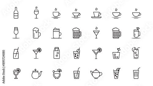 A clean minimalist line art icon set featuring various drinks and beverages, perfect for digital and print use