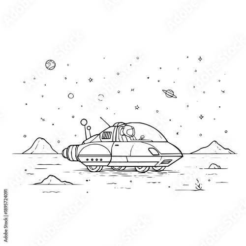 Space Car Driving on Alien Planet Surface at Night