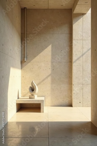 Serene Minimalist Interior Sunlight Illuminates a Sculpted Form on a Simple Concrete Bench