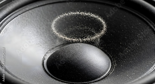 The power of sound manifests as a levitating halo of particles dancing above a pulsating speaker cone, visualizing the tangible energy of resonance and bass vibrations