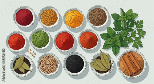 Vector illustration of spices and herbs for Ramadhan cooking arranged in bowls with fresh mint leaves