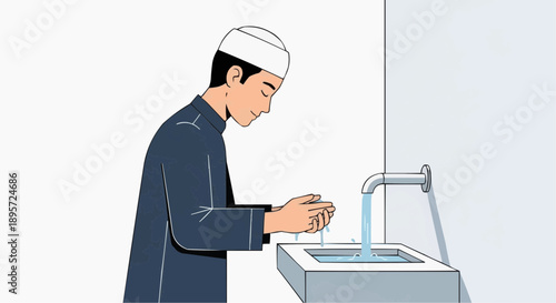 Vector illustration of a man performing ablution during Ramadhan at a sink with running water