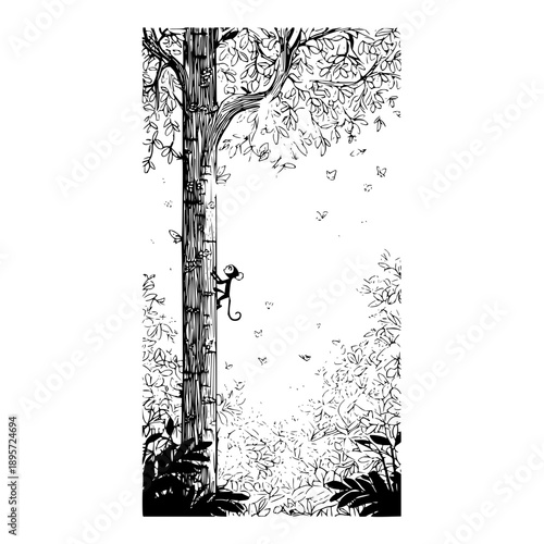 Monkey Climbing Tree with Butterflies in Forest