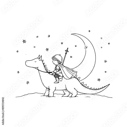 Knight Riding Dragon under Crescent Moon