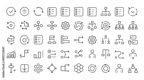 Clean collection of minimalist outline vector icons for business processes, data management, organizational structures, and technology solutions