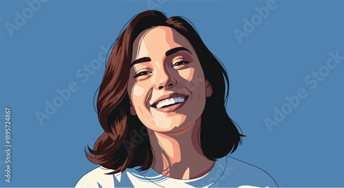 Captivating illustration of a young woman's radiant smile, expressing pure joy and optimism under a bright blue sky, reflecting a carefree and positive outlook