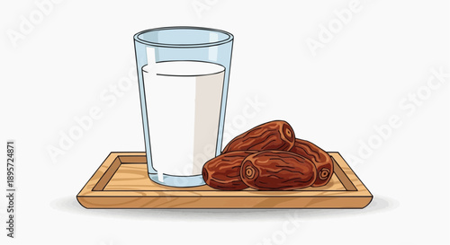 Vector illustration of dates and a glass of milk on a wooden tray for Ramadhan fasting