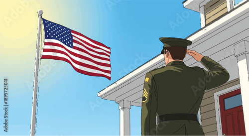 A solemn and patriotic illustration capturing a uniformed individual rendering a respectful salute to the proudly waving American flag outside a home, symbolizing honor and national pride