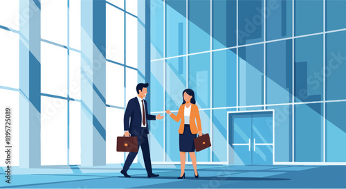 Two business professionals in suits with briefcases, shaking hands in a modern office lobby with large windows and blue hues