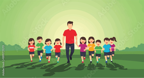 A Teacher Leading a Group of Children in a Race with Shadows Cast by the Sunlight