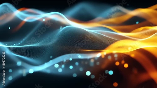 Abstract waves of blue and orange light flowing gracefully against a dark background