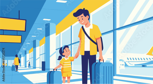 Father and daughter holding hands with luggage in an airport terminal, ready for travel and vacation