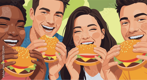 Vibrant illustration of a diverse group of happy friends laughing and enjoying delicious hamburgers together outdoors, celebrating shared moments and good food with joyful expressions