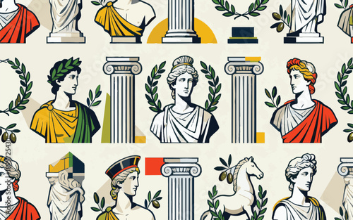 Antique Greek Roman Sculpture Seamless Vector Pattern