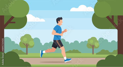 Young man enjoying a healthy run outdoors in a vibrant park setting, embracing a balanced and active lifestyle with regular exercise for wellness