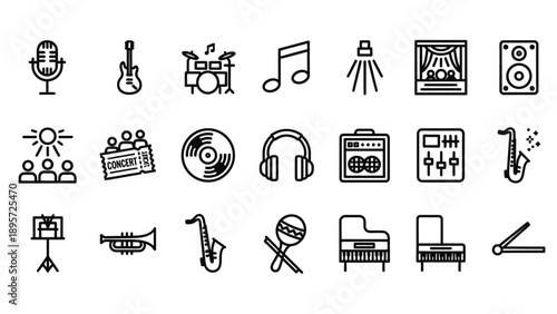 Music Instruments and Symbols Line Icons.