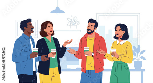 A diverse group of colleagues engages in lively conversation during a relaxed coffee break, fostering collaboration and connection in a modern office environment