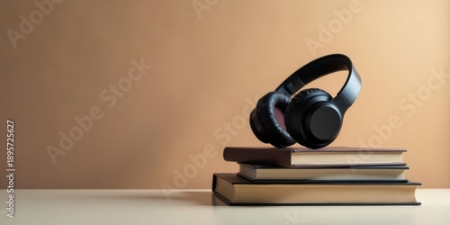 Audiobooks and Literature A Stack of Books Topped with Headphones for Immersive Listening Experience