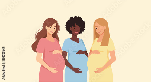 Diverse pregnant women standing together, symbolizing unity and shared experience of motherhood