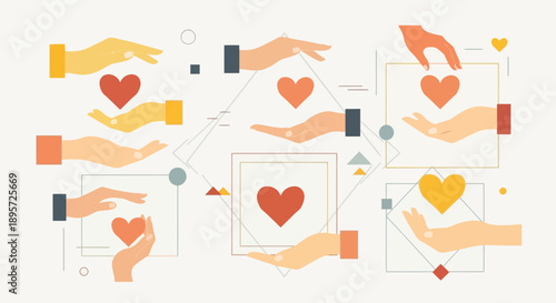 Abstract illustration featuring hands presenting and receiving hearts symbolizing love and