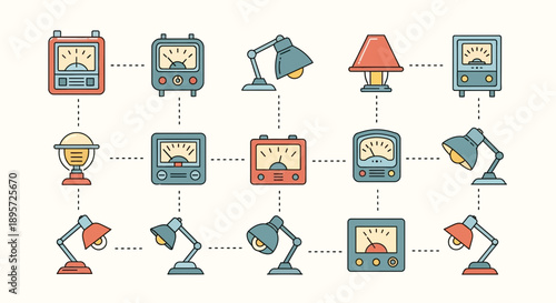 Abstract illustration featuring connected electrical meters and lamps in a retro style