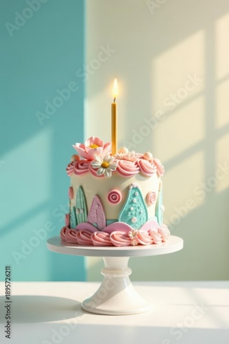 A delightful single-tiered celebratory cake, adorned with delicate fondant flowers and pastel accents, sits elegantly on a white cake stand, illuminated by a single burning candle.