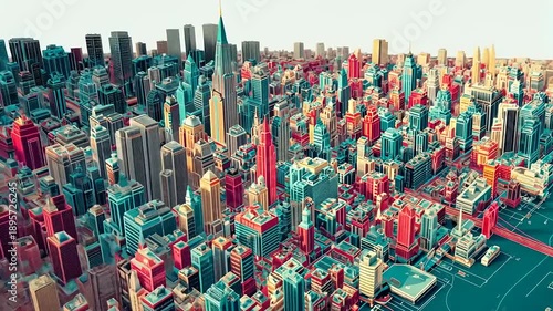 Aerial view of a vibrant, futuristic cityscape with colorful buildings and a river in the background