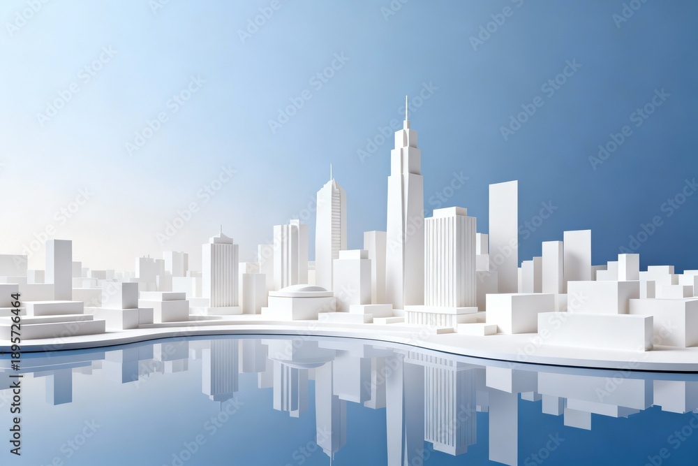 Naklejka premium White paper cityscape model with reflection
