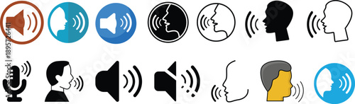 A collection of diverse icons representing sound, speaking, and communication for digital interfaces Vector