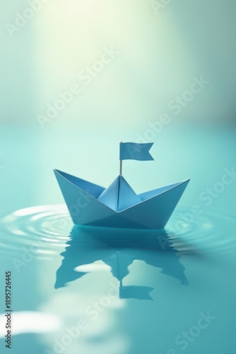 A Small Blue Paper Boat with a Flag, Gently Sailing on Calm Aqua Water, Reflecting Serenity and Hope