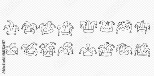 Set of hand-drawn jester hats with bells, outline doodle style for carnival and circus themes.