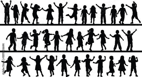 Diverse Collection of Children and Adult Silhouettes Playing Standing Walking and Reading Isolated on White Background for School Education Learning and Creative Graphic Design Projects