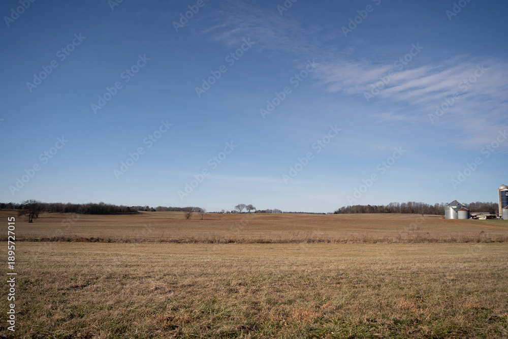 Obraz premium Wide open farmland in the countryside under a blue sky