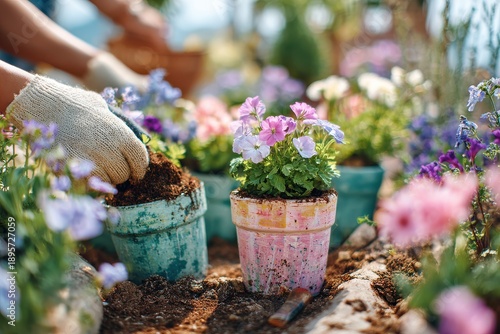 Hands Planting Flowers in Colorful Pots in a Bright Garden Setting with Blossoming Plants and Soil on a Sunny Day, Creating a Joyful Floral Arrangement Experience