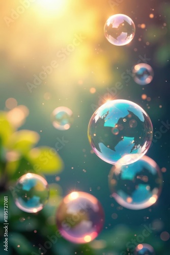 Sunlight Illuminates Colorful Soap Bubbles Floating in a Lush Green Garden, Creating a Dreamlike, Ethereal Atmosphere