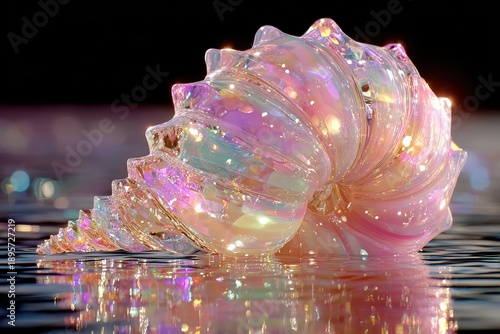 Iridescent Shell with Colorful Reflections on Water Surface Showcasing Nature's Beauty in Macro Photography, Glimmering Lights and Vibrant Hues