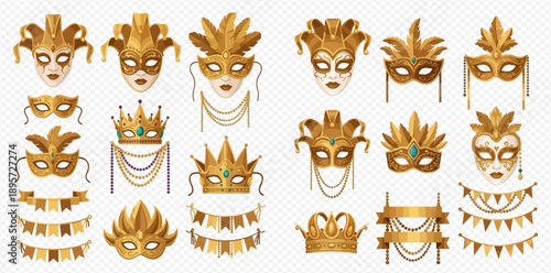 Set of golden carnival masks, crowns, and festive decorations for Mardi Gras or masquerade celebrations.